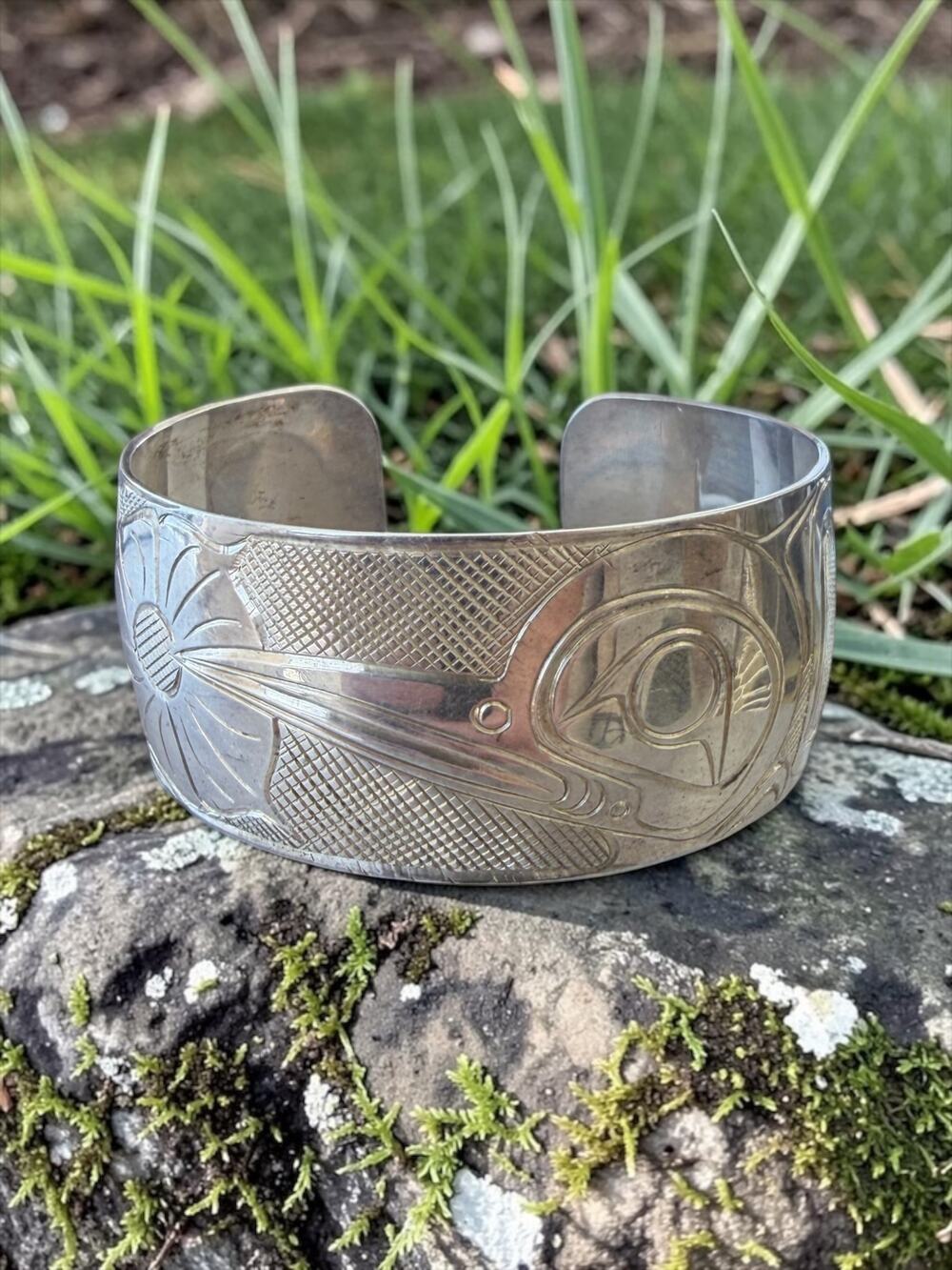First Nations Sterling Silver Engraved Wide Cuff Bracelet by Norman Seaweed - Fo